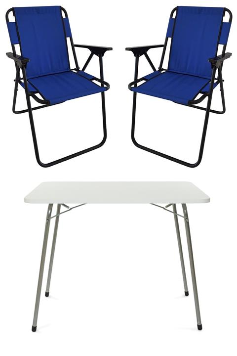 Bofigo 60x80 Beyaz Katlanır Masa + 2 Adet Katlanır Sandalye Kamp Seti Bahçe Takımı Mavi