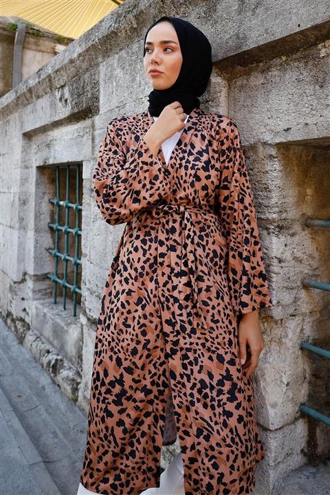 InStyle Leopar Desen Kemerli Kimono - Vizon