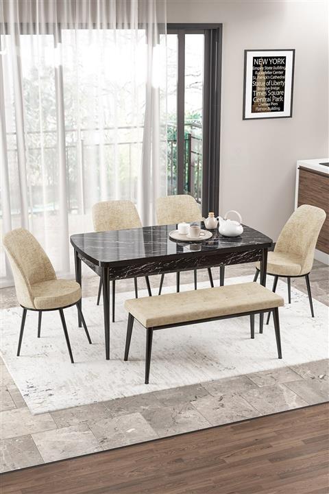 Canisa Concept Via Mutfak Masa Takımı, Siyah Mermer Desen, 4 Adet Krem Sandalye, 1 Adet Krem Pera Bench