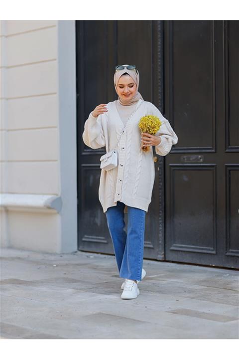 Rimel Moda Örgülü Hırka Taş