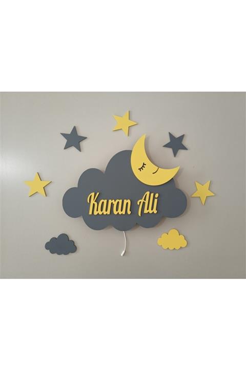 Babystasarım Ahşap Işıklı Sarı & Gri Bulut Set Çocuk Odası Gece Lambası Aydınlatma 007