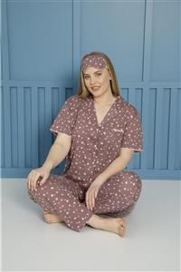 BERİN HOMEWEAR Kadın Vizon Pamuklu Büyük Beden Kısa Kollu Pijama Takımı