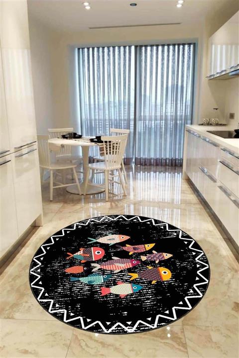 RugViva Siyah Kaymaz Tabanlı Makinede Yıkanabilir Balıklı Yuvarlak Halı Ar425