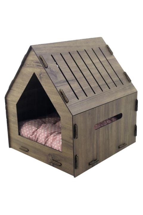 Leyan Ahşap Dekoratif Kedi Evi Patiyalı Model