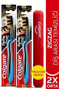 Colgate Zigzag Charcoal Diş Arası Temizliği Orta Diş Fırçası X 2 Adet + Diş Fırçası Kabı Hediye