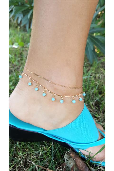 Lenaca Mavi Kristal Boncuklu Çelik Halhal