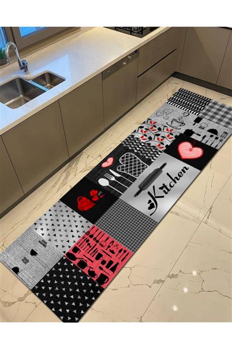 Ardizayn Gri Kitchen Yazılı Dekoratif, Kaymaz Deri Tabanlı, Mutfak Halısı-arh9038