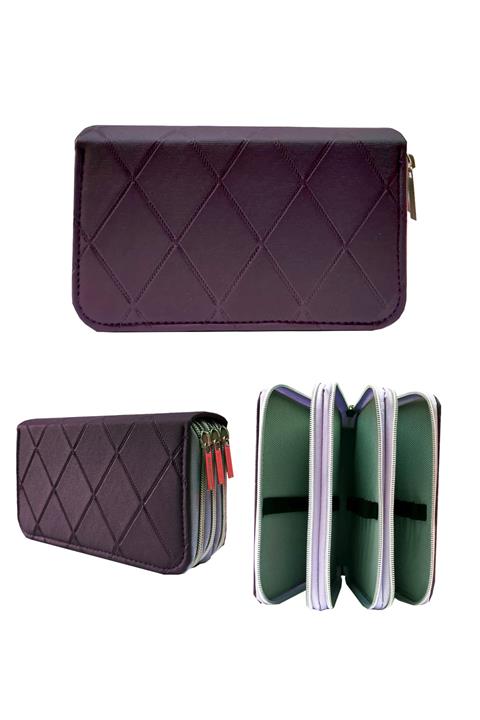 Limmy Kalem Kutusu Suni Deri Organizer Üç Bölmeli Kalemlik - Mor