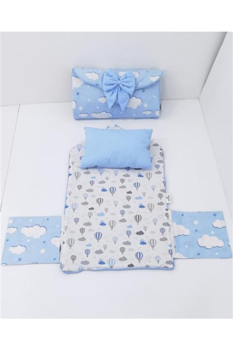 mordesign Çantalı Bebek Alt Açma Pedi/minder, Elyaf Dolgulu, Pamuklu Kumaş, Balon Bulut Desen, Mavi