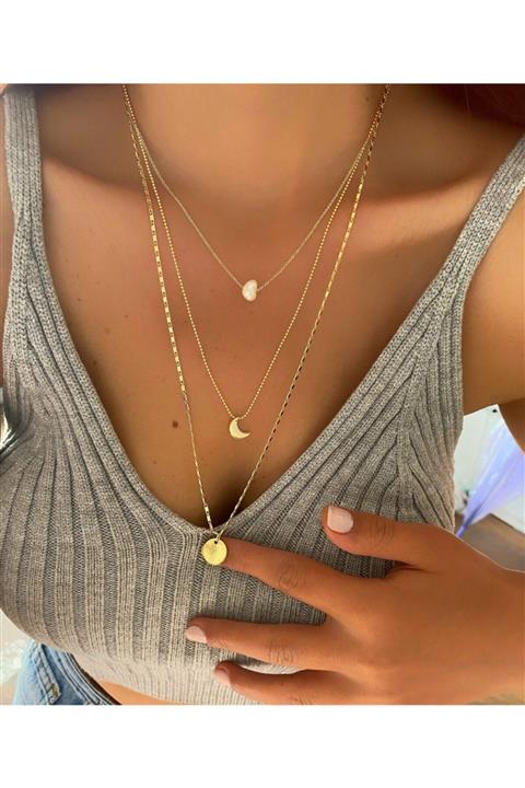 Haydigidiyo Ay Inci Kolye Üçlü Gold