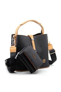 Just Polo Kilit Detaylı Siyah-taba Kadın Cüzdan Ve Omuz Çanta Kombini Pbu4002-1004