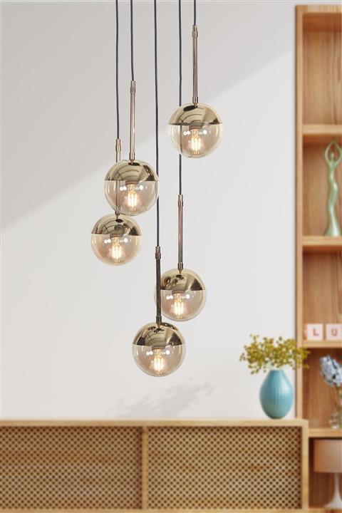 Luzarana Nova 5 Li Gold-siyah Metal Gövde Bal Rengi Camlı Tasarım Lüx Sarkıt Avize