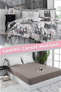 Ev & Ev Home Lastikli Çarşaf Hediyeli Nevresim Seti Çift Kişilik DuvardaKediler Gri (Çiğgri)