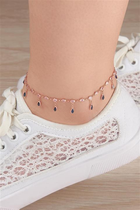 Tmt Silver Gümüş Rose Lacivert Ve Pembe Zirkon Taşlı Damla Halhal