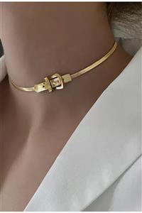 PETEK AKSESUAR Çelik Kemer Tokası Ezme Italyan Zincir Choker Kolye Gold Renk