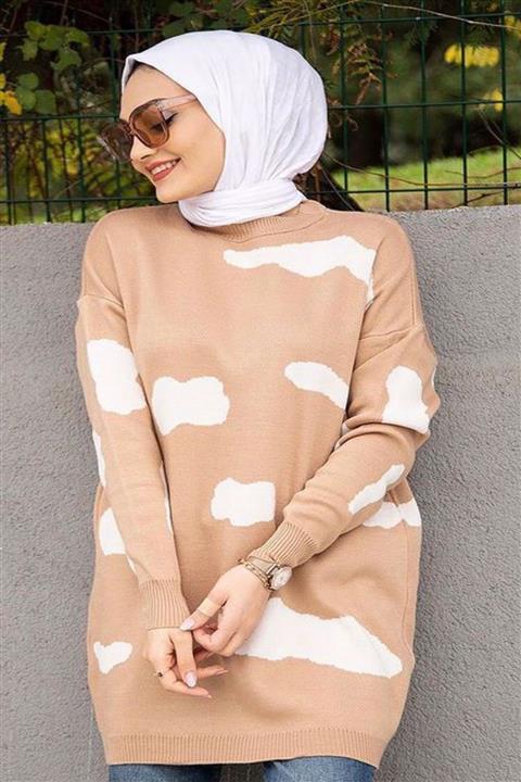 ista moda Kolu Büzgülü Bulut Desenli Triko Kazak Standart Beden