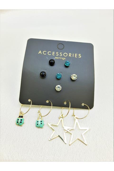 TÜKKAN ACCESSORİES Gold Kaplama Turkuaz Uğur Böceği Ve Yıldız Figür 5 Çift Kombin Çoklu Küpe