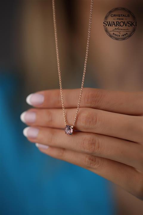 Swarovski Taşlı Tektaş Model Rose Kaplama Gümüş Kolye