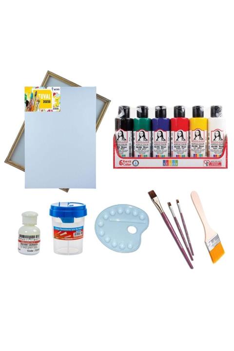 Hobialem Akrilik Boya Seti, 35x50 Tuval, Fırça, 6'lı Akrilik Boya, Palet, Su Kabı, Resim Verniği
