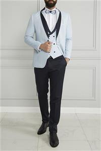 Suitmen Smokin Damatlık Yelekli Takım Elbise Buz Mavisi