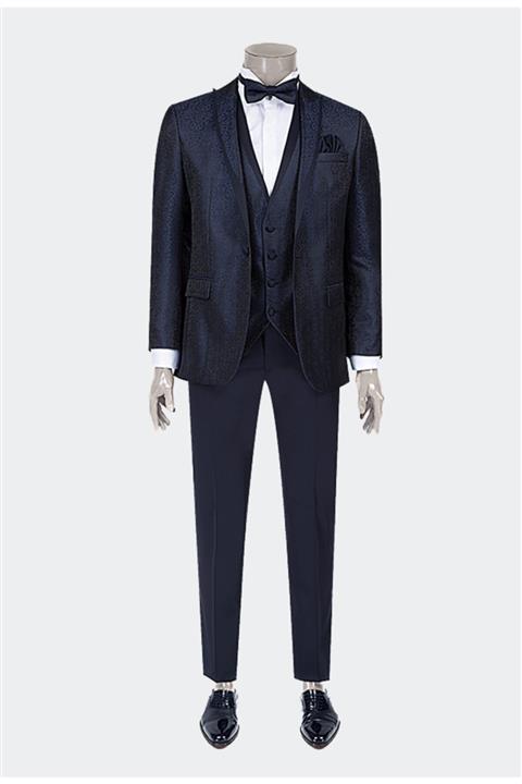 D'S Damat Slim Fit Lacivert Desenli Smokin Yelekli Takım Elbise