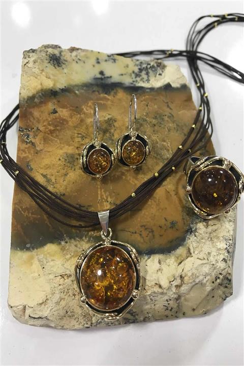 NSA SILVER Kehribar Taşlı Gümüş Kadın  Set 925 Ayar