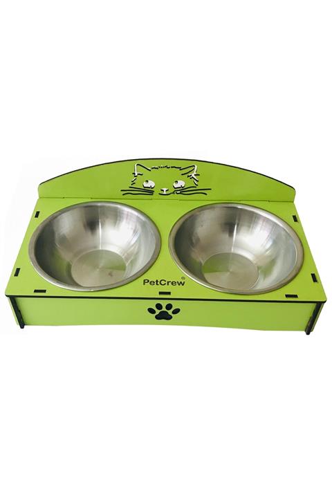 PETCREW Kedi Desenli Mama Ve Su Kabı Ahşap Yeşil 300mlx2