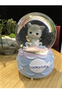 Telex Kar Tanesi Püskürtmeli Işıklı Şanslı Sevimli Kedi Lucky Cat Kar Küresi Müzik Kutusu