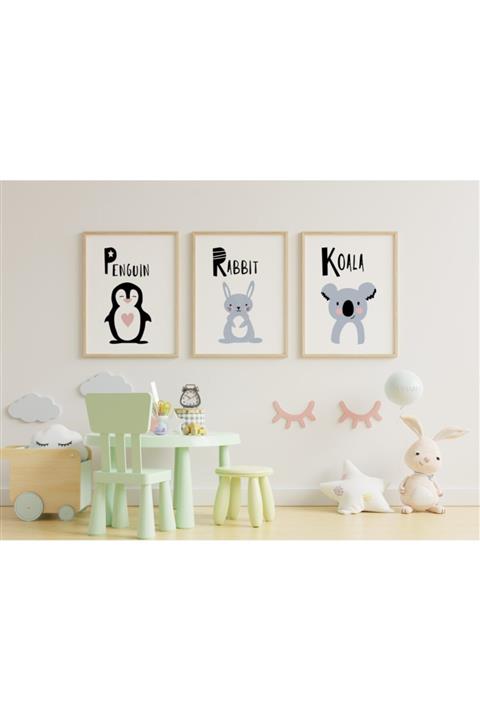 Babystasarım Hayvanlar Çocuk & Bebek Odası Doğal Masif Ahşap Tablo Poster 3'lü Set 21x30 Cm (a4)