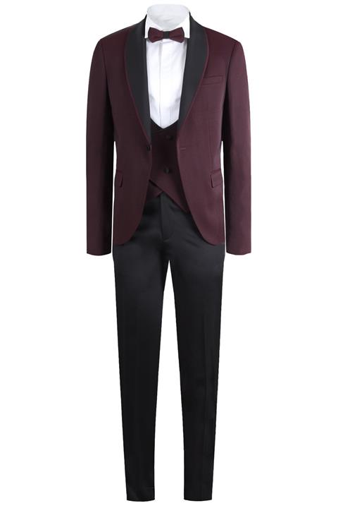 YSF Giyim Erkek Bordo Slim Fit Çıkma Şal Yaka Yelekli Damatlık 8980-01