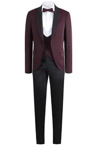 YSF Giyim Erkek Bordo Slim Fit Çıkma Şal Yaka Yelekli Damatlık 8980-01