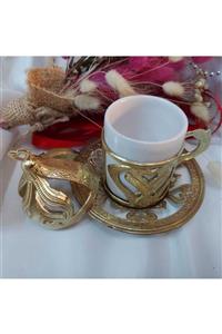 Aker Hediyelik 3 Adet Gold Sarı Özel Motifli Fincan Altlıklı Söz Nişan Kahve Fincanı Özel Kapaklı