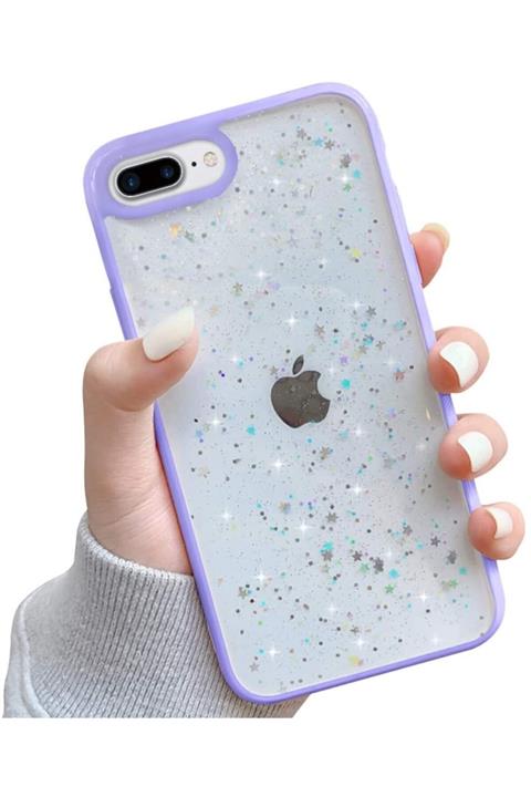 Teknoçeri Iphone 7 Plus / 8 Plus Kenarı Renkli Simli Darbe Önleyici Silikon Kılıf Lila