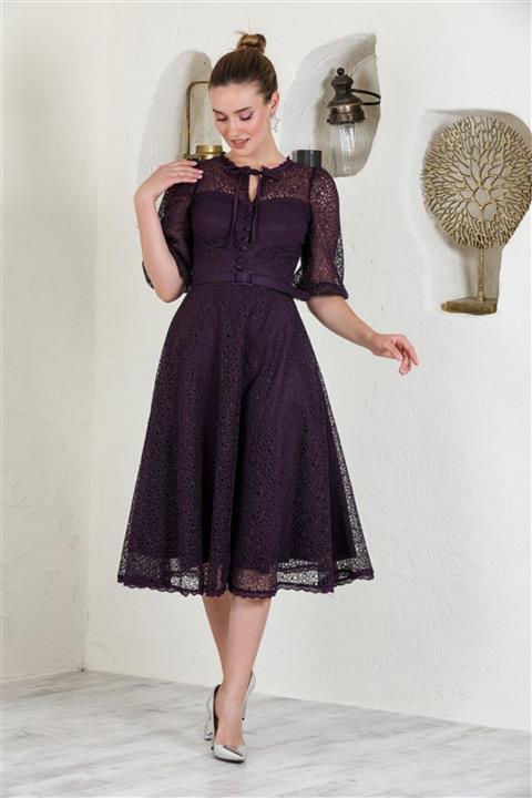 Livanomi Önü Düğmeli Mor Abiye Elbise