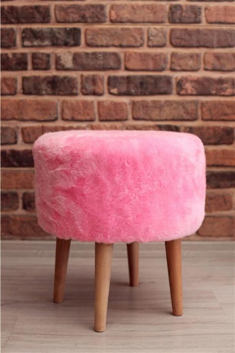 WEBPANYA Yuvarlak Pembe Peluş Ahşap Ayak Puf Bench Tabure