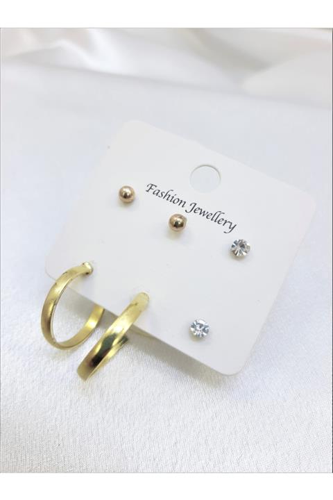 TÜKKAN ACCESSORİES Gold Kaplama 3 Çift Halka Kombin Çoklu Küpe
