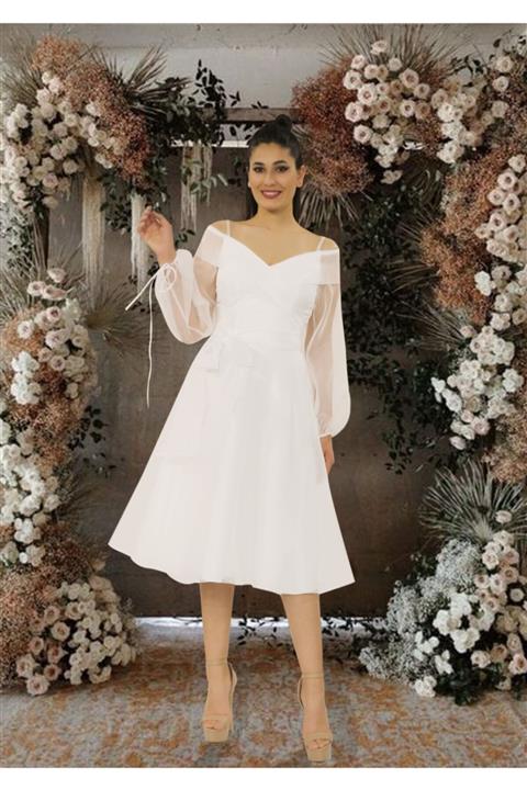 FaBe Fashion Kadın Beyaz Midi Boy Balon Kollu Elbise