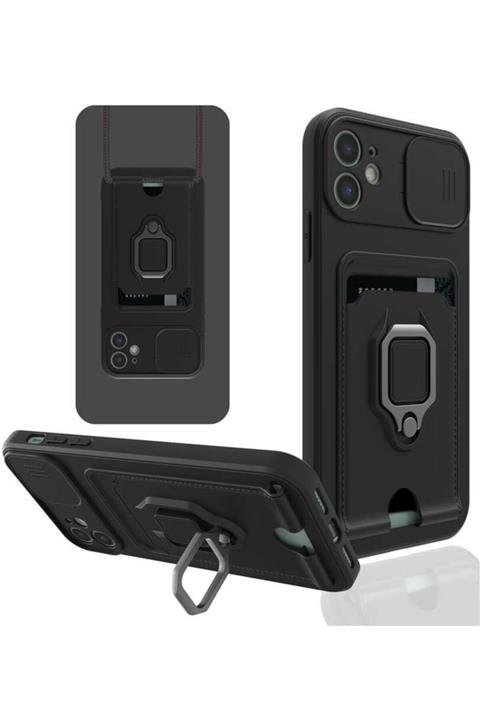Apple Iphone 11 Kılıf Kamera Korumalı Kartlı Mıknatıslı Yüzüklü Siyah + Temperli Cam