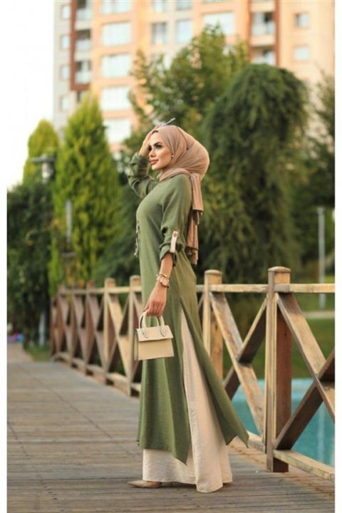 NS Suud Iki Renkli Altı Krem Elbise Haki Model-101