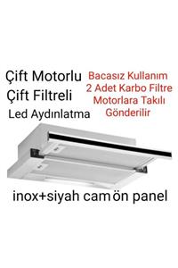 White Daisy Bacasız Borusuz Aspiratör Çift Motorlu Çift Filtreli Led Aydınlatma Front Inox Siyah Cam Ön Panel