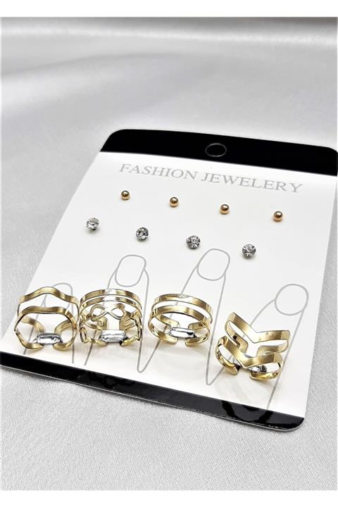 TÜKKAN ACCESSORİES Gold Kaplama 4 Çift Küpe Ve 4 Adet Eklem Yüzüğü Vip Seri Kombin Çoklu Set
