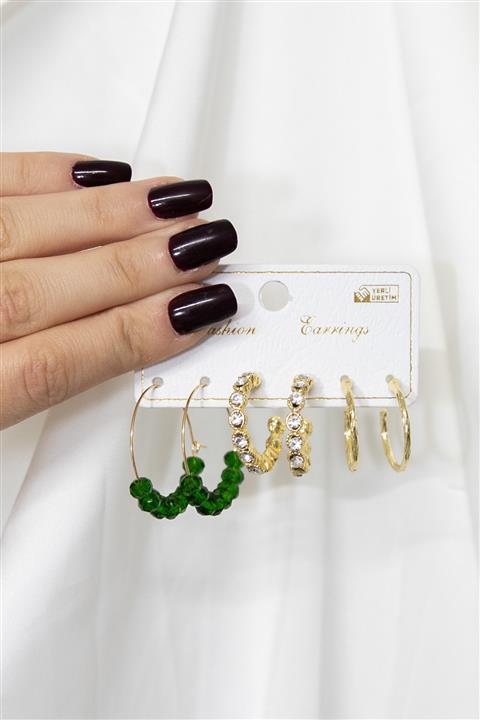 Bi'she butik Kadın Gold Renk Çoklu Doğal Taşlı Küpe Seti