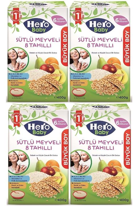 Hero Baby 400gr Sütlü Meyveli 8 Tahıllı 4 Lü Set Kaşık Maması