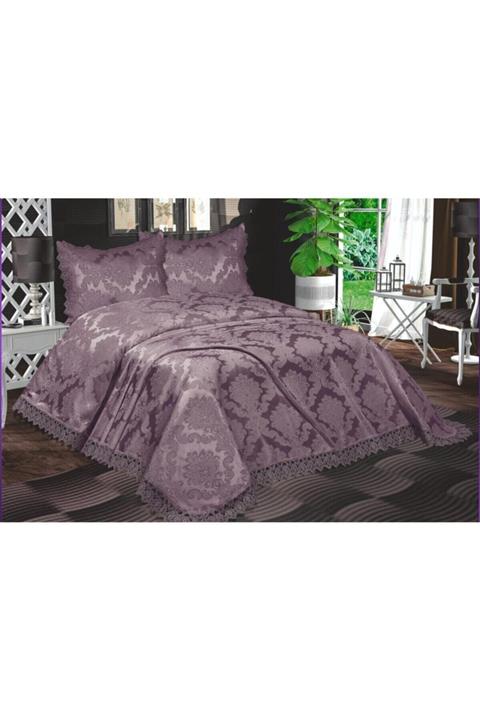 bursa çeyiz Mürdüm Açelya Fransız Güpürlü Aden Çift Kişilik Yatak Örtüsü