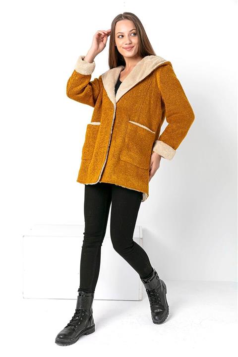 PPE PERUNAPORS'E Kapüşonlu Salaş Pelüş Detaylı Cepli Hardal Kaban