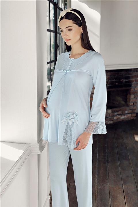 Artış Mavi Lohusa Motifli Viskon Pijama Takım 9202