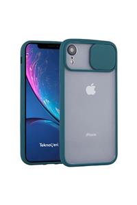 Teknoçeri Iphone Xr Uyumlu Kamera Lens Korumalı Sürgülü Kılıf Koyu Yeşil