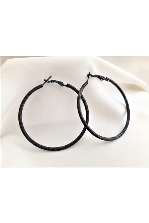 TÜKKAN ACCESSORİES Kadın Siyah Kaplama Burgu Desenli Halka Küpe 60 mm