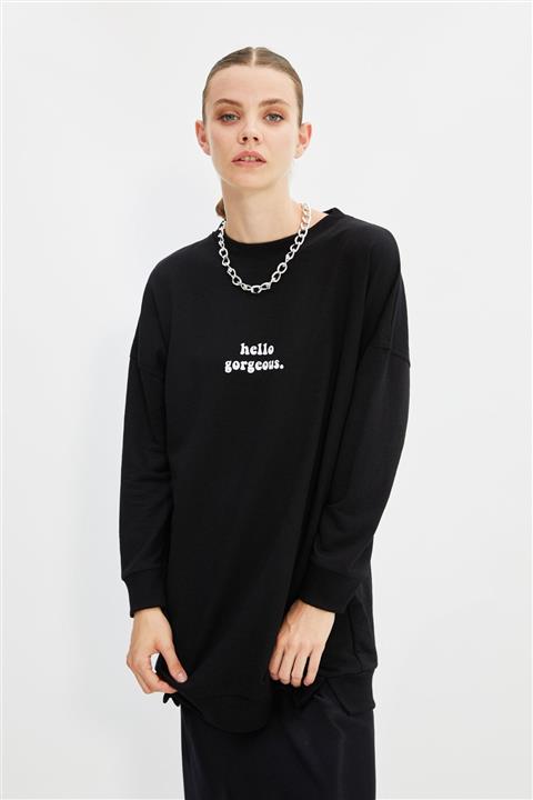 Trendyol Modest Siyah Baskılı Örme Sweatshirt TCTSS21SW0339