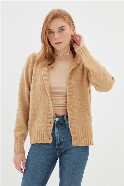 TRENDYOLMİLLA Camel Kapüşonlu Triko Hırka TWOAW22HI0632